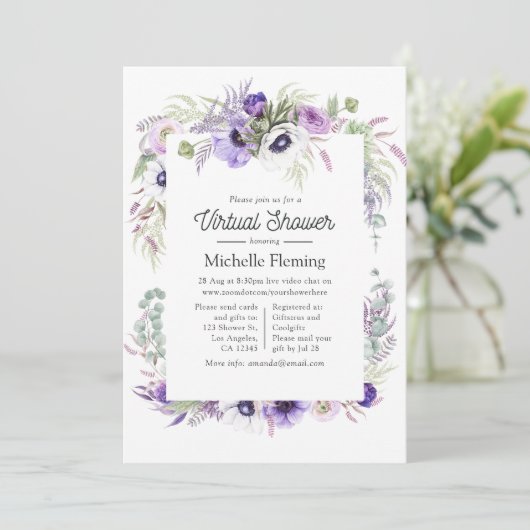 Dusty Violet Floral Virtual Baby shower Kaart (Staand voorkant)