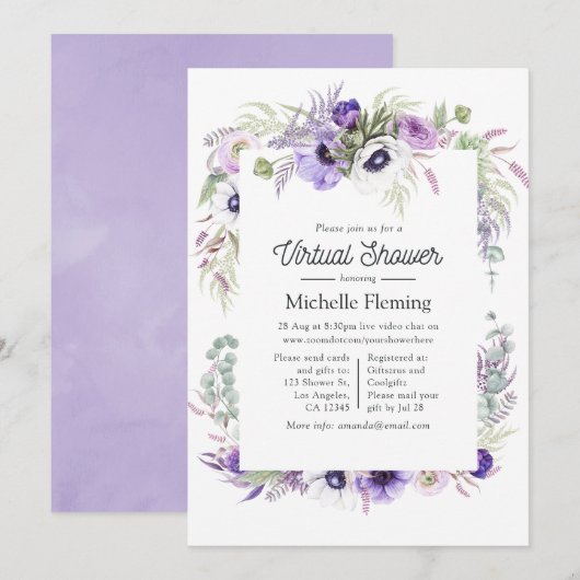 Dusty Violet Floral Virtual Baby shower Kaart (Voorkant / Achterkant)