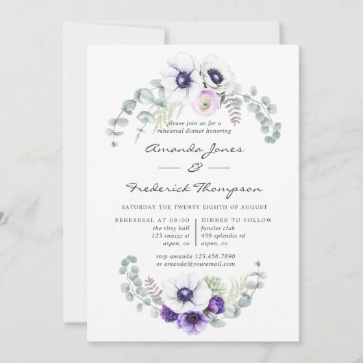Dusty Violet Floral Wedding Rehearsal Dinner Kaart (Voorkant)