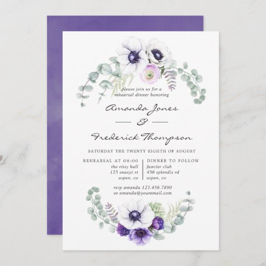 Dusty Violet Floral Wedding Rehearsal Dinner Kaart (Voorkant / Achterkant)
