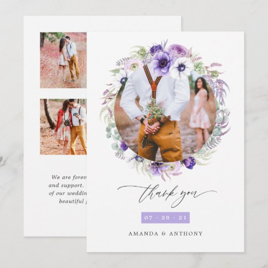 Dusty Violet Pastel Bloemen Bruiloft Foto Collage Bedankkaart (Voorkant / Achterkant)