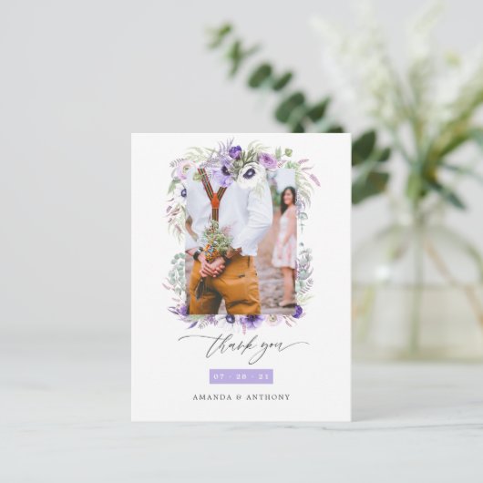 Dusty Violet Pastel Floral Wedding Photo Dank u Briefkaart (Staand voorkant)