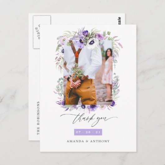 Dusty Violet Pastel Floral Wedding Photo Dank u Briefkaart (Voorkant / Achterkant)