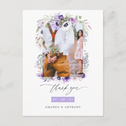Dusty Violet Pastel Floral Wedding Photo Dank u Briefkaart (Voorkant)