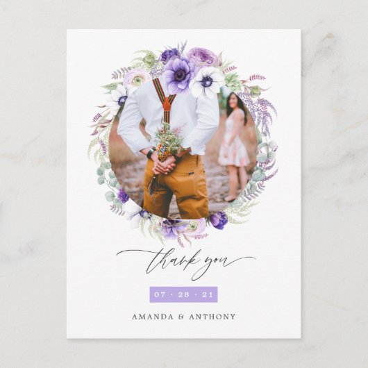 Dusty Violet Pastel Floral Wedding Photo Dank u Briefkaart (Voorkant)