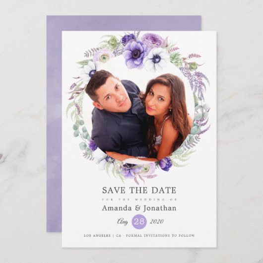 Dusty Violet Pastel Waterverf Foto Bruiloft Save The Date (Voorkant / Achterkant)