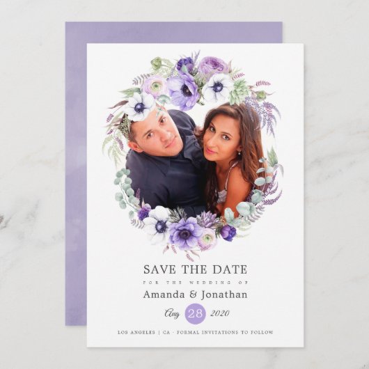 Dusty Violet Pastel Waterverf Foto Bruiloft Save The Date (Voorkant / Achterkant)