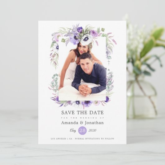 Dusty Violet Pastel Waterverf Foto Bruiloft Save The Date (Staand voorkant)