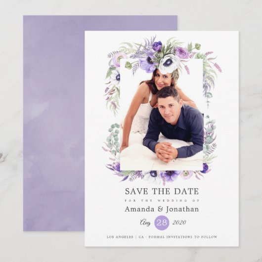 Dusty Violet Pastel Waterverf Foto Bruiloft Save The Date (Voorkant / Achterkant)