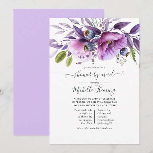 Dusty Violet Poppy Floral Baby shower per post Kaart (Voorkant / Achterkant)