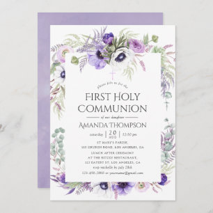 Dusty Violet Poppy Floral First Heilige Communie Kaart