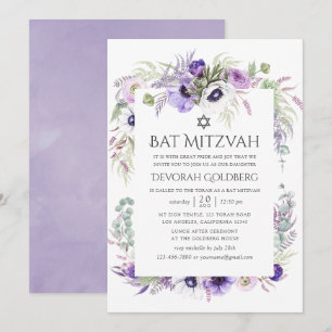 Dusty Violet Waterverf Floral Bat Mitzvah Kaart