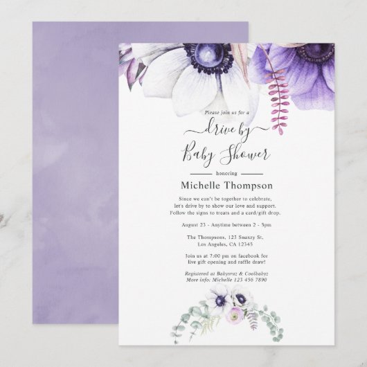 Dusty Violet Waterverf Floral drive by Shower Kaart (Voorkant / Achterkant)