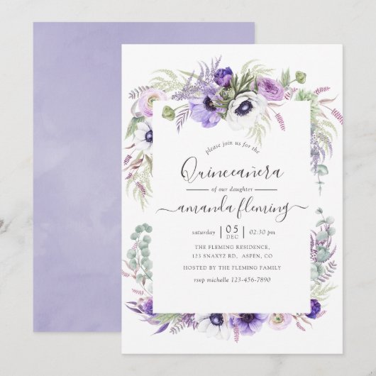 Dusty Violet Waterverf Floral Quinceañera Kaart (Voorkant / Achterkant)