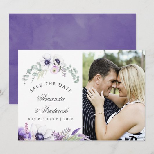 Dusty Violet Wedding Floral Wedding Save the Date (Voorkant / Achterkant)