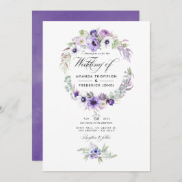 Dusty Violet Wedding Waterverf Floral Foto Uitnodi Kaart