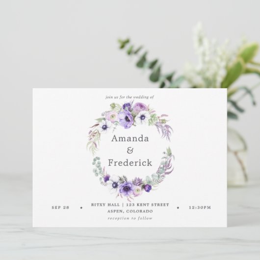 Dusty Violet Wedding Waterverf Floral Uitnodiging (Staand voorkant)