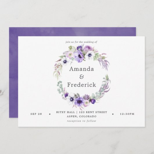 Dusty Violet Wedding Waterverf Floral Uitnodiging (Voorkant / Achterkant)