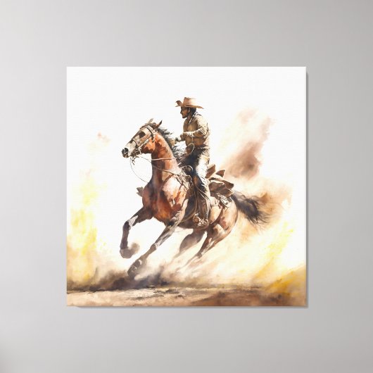 Dusty Western Aquarel Cowboy Riding Mustang Canvas Afdruk (Voorkant)