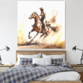 Dusty Western Aquarel Cowboy Riding Mustang Canvas Afdruk (Insitu (Slaapkamer))