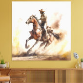 Dusty Western Aquarel Cowboy Riding Mustang Canvas Afdruk (Insitu (Woonkamer))