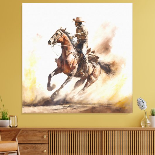 Dusty Western Aquarel Cowboy Riding Mustang Canvas Afdruk (Insitu (Woonkamer))