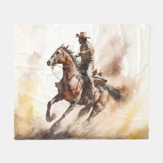 Dusty Western Aquarel Cowboy Riding Mustang Fleece Deken (Voorkant (Horizontaal))