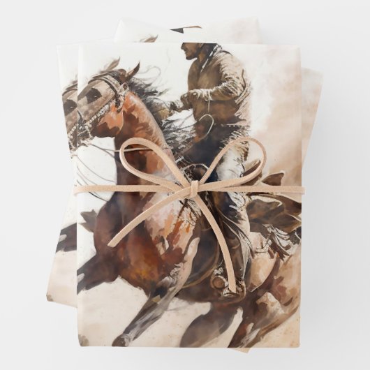 Dusty Western Aquarel Cowboy Riding Mustang Inpakpapier Vel (In situ)