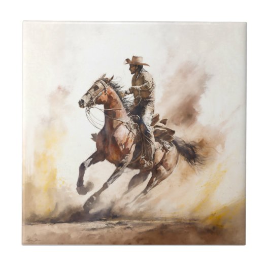 Dusty Western Aquarel Cowboy Riding Mustang Tegeltje (Voorkant)
