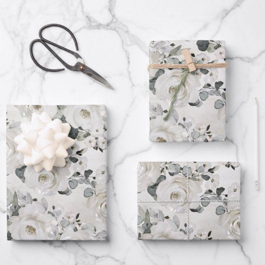 Dusty White Peony & Silver Eucalyptus Greenery Inpakpapier Vel (Voorkant)