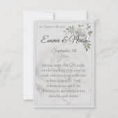 Dusty White Roses Bruiloft Details Behuizing Kaart (Voorkant)