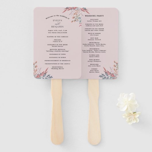 Dusty Wildflower Botanical Wedding Program Fans Handwaaier (Voorkant en achterkant)