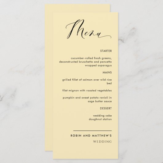 Dusty Yellow, kalligrafie bruiloft / menu Ontvangs (Voorkant / Achterkant)