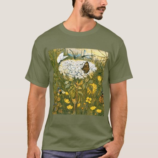 Dutch Art Nouveau Meadow Wildflowers, Vlinders T-shirt (Voorkant)