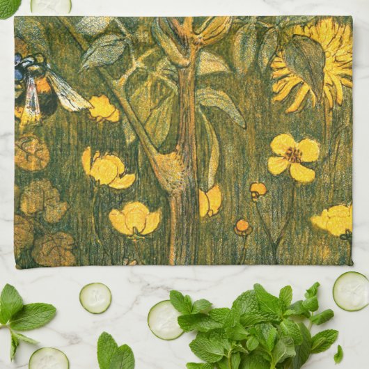 Dutch Art Nouveau Meadow Wildflowers, Vlinders Theedoek (Gevouwen)