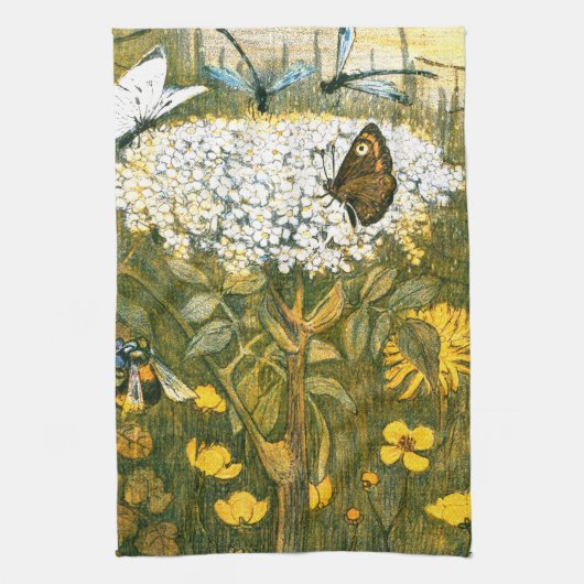 Dutch Art Nouveau Meadow Wildflowers, Vlinders Theedoek (Verticaal)