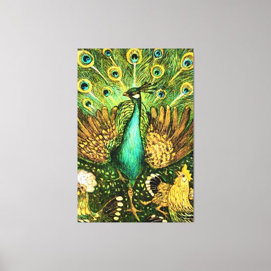 Dutch Art Nouveau Pauw en kippen Canvas Afdruk (Voorkant)