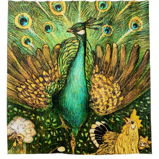 Dutch Art Nouveau Pauw en kippen Douchegordijn (Voorkant)