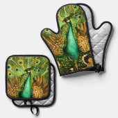 Dutch Art Nouveau Pauw en kippen Ovenwant & Pannenlap Set (Voorkant / Achterkant)