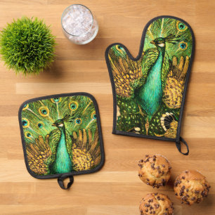 Dutch Art Nouveau Pauw en kippen Ovenwant & Pannenlap Set