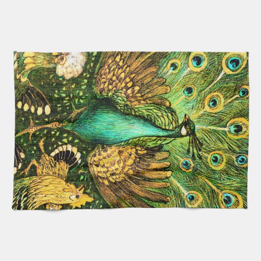 Dutch Art Nouveau Pauw en kippen Theedoek (Horizontaal)