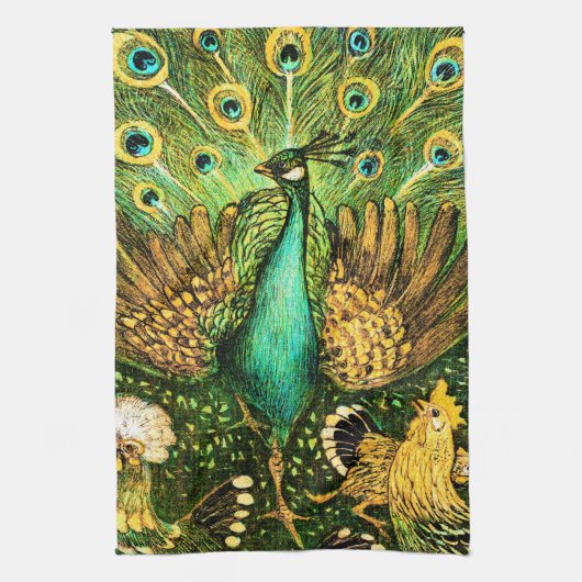 Dutch Art Nouveau Pauw en kippen Theedoek (Verticaal)