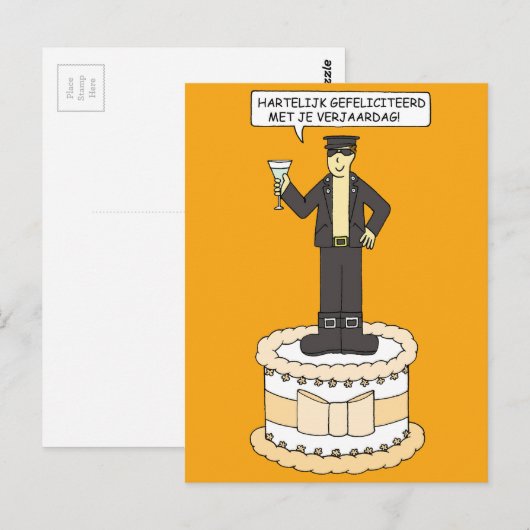 Dutch Happy Birthday Cartoon Man in Leather Briefkaart (Voorkant / Achterkant)