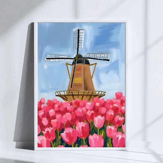 Dutch Windmill Tulip Flower Field Watercolor Art Poster