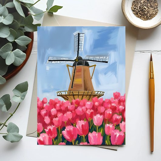 Dutch Windmill Tulip Flower Field Watercolor Briefkaart