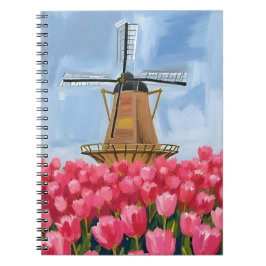 Dutch Windmill | Tulip Flower Field Watercolor Notitieboek