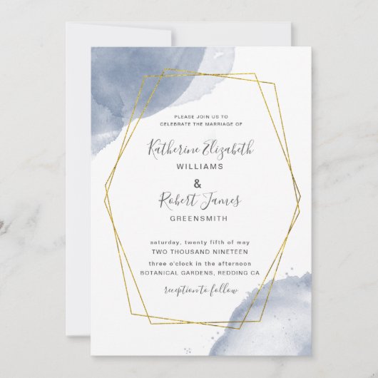 Duurzame goudelegante blauwe bruiloft Uitnodiging (Voorkant)