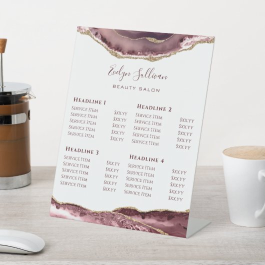 Duurzame roos Agate Beauty Salon-prijslijst Reclamebord Met Voetstuk (Insitu)