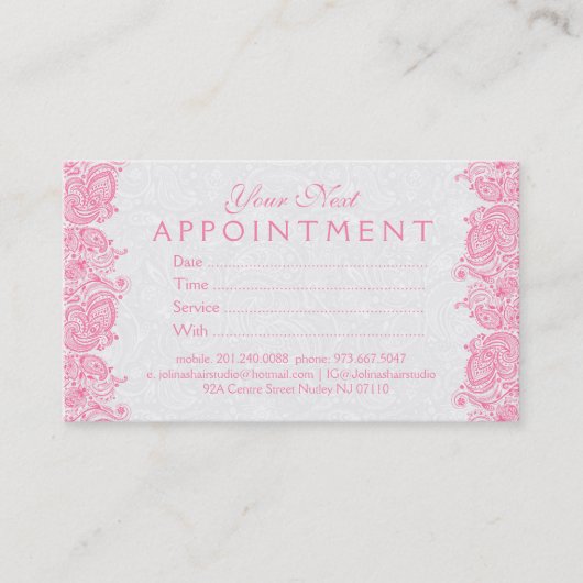 Duw witte en roze Paisley Lace Appointment Card Afsprakenkaartje (Voorkant)