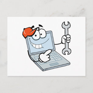 dwaas computerreparatie cartoon laptop met sleutel briefkaart